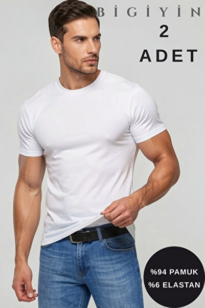 bigiyin 2 Pieces Men's Lycra Slim Fit Black Crew Neck Cotton T-Shirt Men's So...