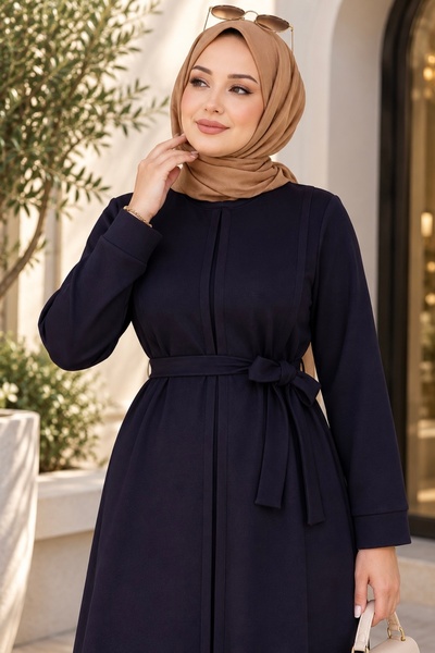 ASTEMİA Women's Belted Oysho Fabric Long Hijab Dress Sb0068
