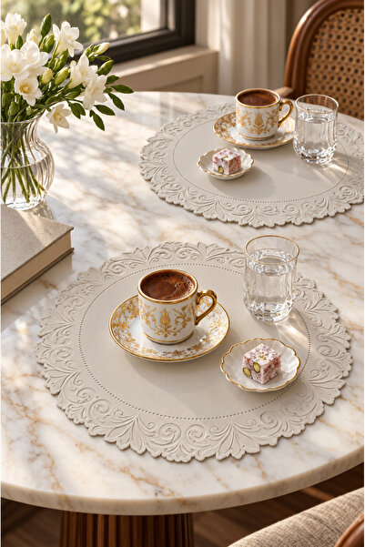 ACELEYOLLA LUXURY 6’lı Deri Görünümlü Kabartmalı Krem Supla Seti – 37 cm