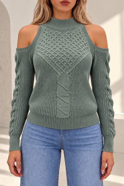 hanope Women's Turtleneck Long Sleeve Off Shoulder Hair Braided Mint Knitwear...