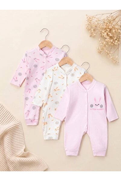 Valia Baby Rabbit Patterned Cotton Baby Girl Three-Piece Jumpsuit Set