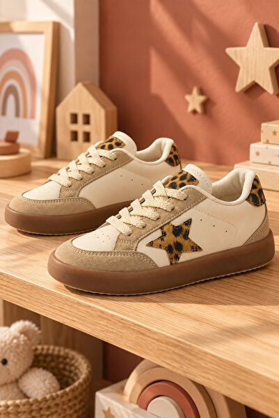 Tonny Black Unisex Bej Leopar Termo Taban Rahat Kalıp Bağcıklı Sneaker