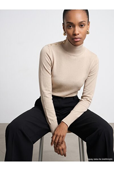 Dilvin 10877 Basic Stand Collar Buttoned Sweater
