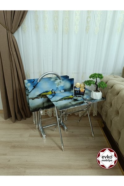 EVKO MOBİLYA Çanta Zigon Sehpa, 4'lü Sehpa, Zigon Sehpa, Servis Sehpası, Caml...