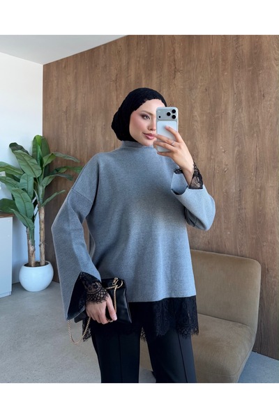 Adalenna Moda Dantelli Üst Kalite İnce Triko Kazak