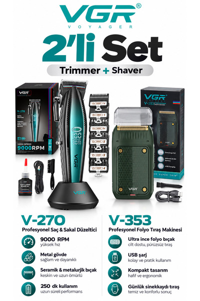 VGR Saç Sakal Tıraş Makinesi Seti Metal Trimmer Shaver | V-270 & V-353