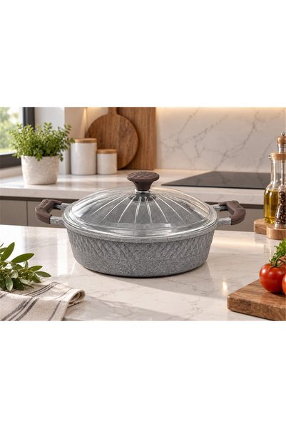 OMS Biogranit Ağır Döküm 28x8 Cm - 4,30 Litre Basık Tencere ( 3632 - Gri )