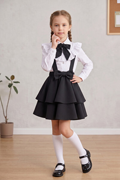FATELLA Girl's Black Scarf, Polka Dot Ruffle Collar, White Long Sleeve Shirt,...