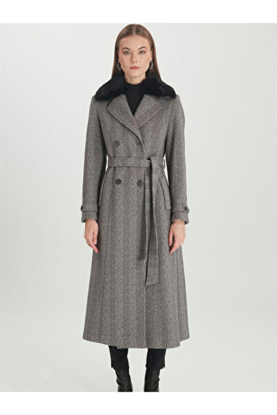 Zühre Women's Fur Detailed Double Breasted Collar Cashmere Mink Coat 13114
