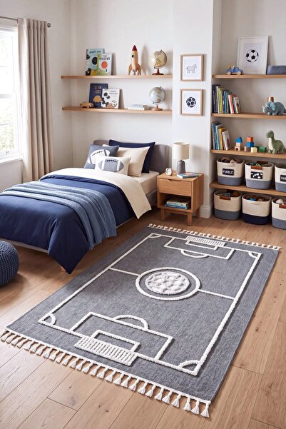 Eliz Home Futbol Sahası Lacivert Halı Yumuşak Bukleli Dokuma Halı Bebek Odası...
