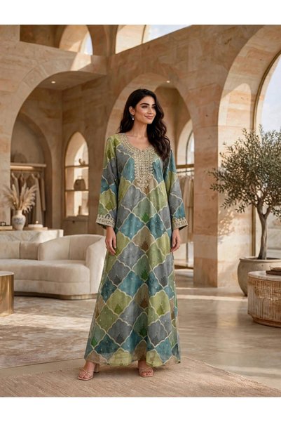 IKKXA Geometric Ogee Print Embroidered Yoke Jalabiya