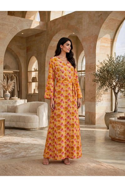 IKKXA Geometric Motif Belted V-Neck Jalabiya