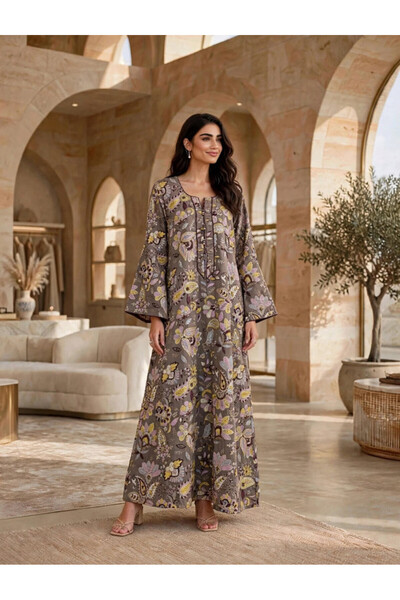 IKKXA Premium Printed Embellished Placket Wide Sleeve Flared Jalabiya
