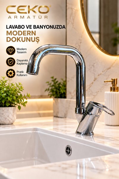 CEKO ARMATÜR Chrome Mix Corner Spout Bathroom Sink Faucet – Single Handle Swi...