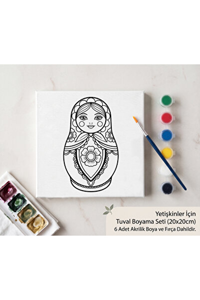 Yetişkinler İçin Desenli Tuval Boyama Seti (20x20 cm) - 6 Renk Akrilik Boya ve Fırçalı - 8