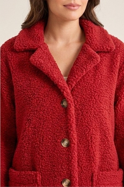 ILAVVES Women's Red Oversize Buttoned Unlined Plush Inside-Out Wellsoft Coat Cardigan