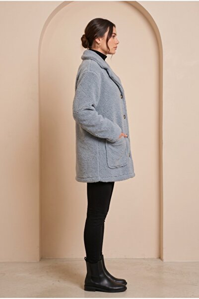 ILAVVES Women's Baby Blue Oversize Buttoned Unlined Plush Inside and Out Wellsoft Coat Cardigan