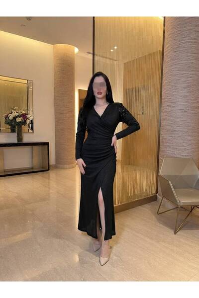 Rose fashion فستان ناعم اسود بتطريز اكتاف