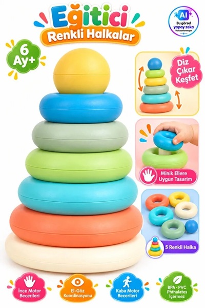YILDIRIM OYUNCAK Eğitici Renkli Halka Dizme Oyuncağı 23,5 cm – 5 Renkli Halka...