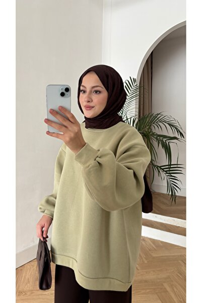 QUWİQ Women's Fleece Lined 3 Yarn Organic Cotton Oversize Basic Crew Neck Swe...