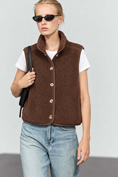 5in1Canpolat Brown Stand Collar Plush Vest 23241