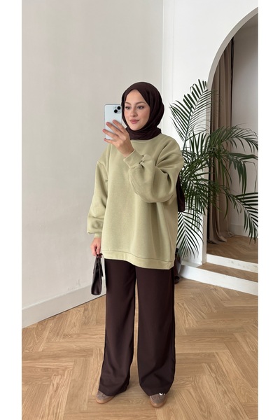 QUWİQ Kadın İçi Polarlı 3 İplik Organik Pamuk Oversize Basic Bisiklet Yaka Sweatshirt