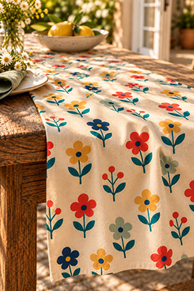 SasoHome Happy Folk | Renkli Retro Çiçek Desenli Dekoratif Masa Runner | Retr...