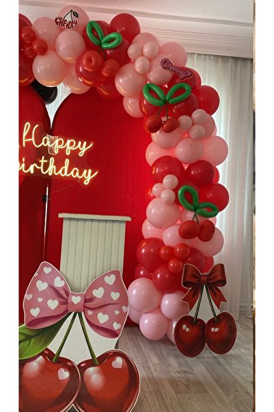 Çemrek Süs Parti Kiraz Konseptine Uygun Renkler Pembe Kırmızı Balon Zinciri S...