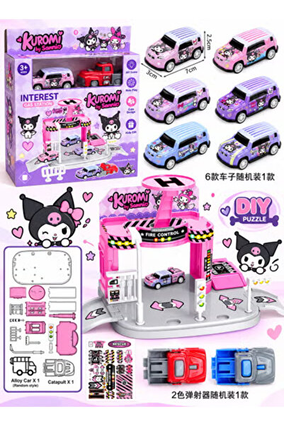 SANRIO Kuromi Kids Car Parking Garage Race Track Playset with 6 Toy Vehicles