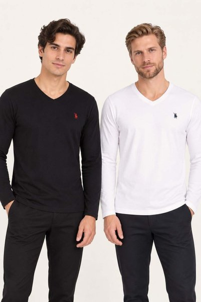 Dewberry Men's V-Neck Cotton Sweatshirt Set of 2 Black-White T8587