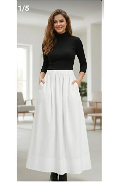Dagü Design Women's Ecru Elastic Waist Poplin Long Skirt