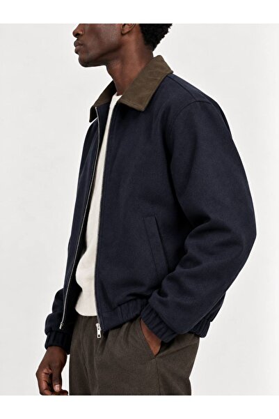 LTC Jeans Men's Navy Blue Zippered Lined Cashmere Coat Jacket