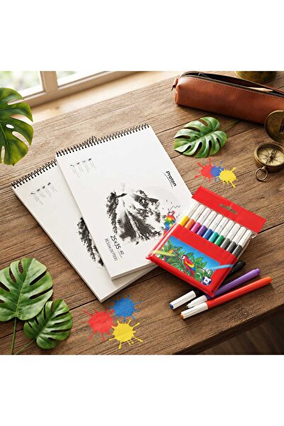 Proton 2 Pieces of 25X35 cm Spiral Drawing Notebook and a Set of 12 Felt-Tip ...
