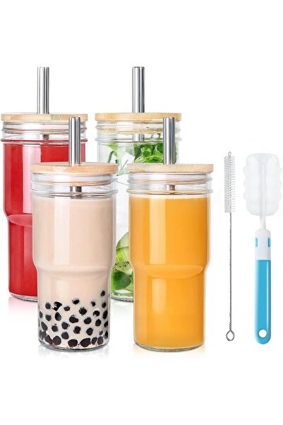 Tazweeq 4Pcs 700Ml Glass Cups With Lids And Straws, Iced Coffee Cup With Lid,...