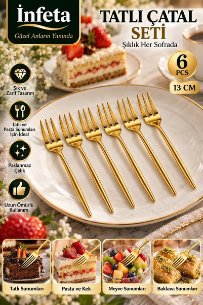 İnfeta Gold 13 cm 6'lı Paslanmaz Çelik Tatlı Çatalı Seti Pasta Kek Meyve Serv...