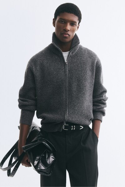 H&M Lastik Örgülü ve Fermuarlı Hırka Regular Fit