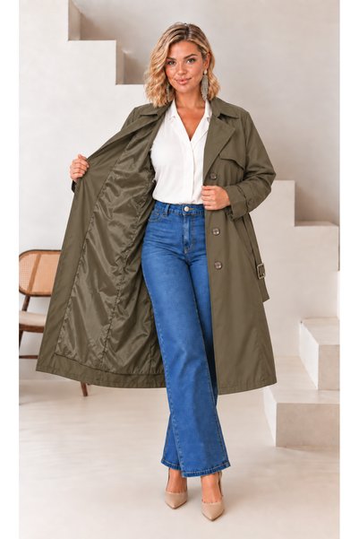 Butik Nilyam معطف نسائي كبير الحجم بياقة مزدوجة الصدر من قماش البونديت مع حزام خصر مفصل وتفاصيل مبطنة، معطف ترنش كبير الحجم 29011