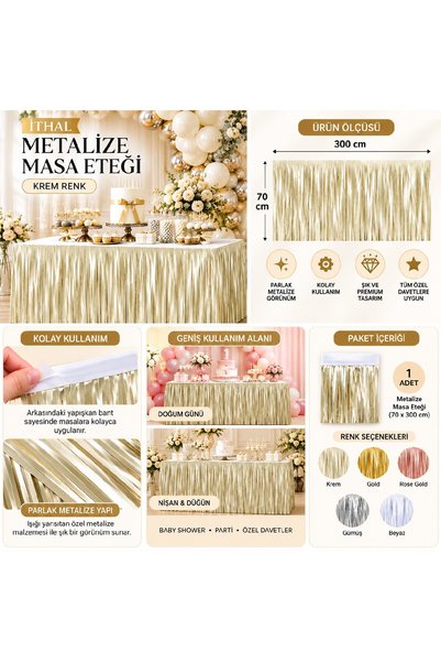 Bkmc Metalize Krem Masa Eteği 70x300 cm Püsküllü Parlak Masa Süsü Doğum Günü Nişan Söz Düğün Parti Dekoru Doğum Günü Parti Seti Süsü