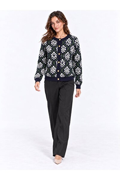 Sfg Life Moda Women's Ethnic Patterned Gold Buttoned Crew Neck Knitwear Cardigan