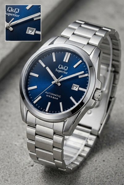 Q&Q Lacivert Gümüş 50. Yıl Özel Paslanmaz Çelik 42 mm Takvimli Miyota 8215 Otomatik Erkek Kol Saati