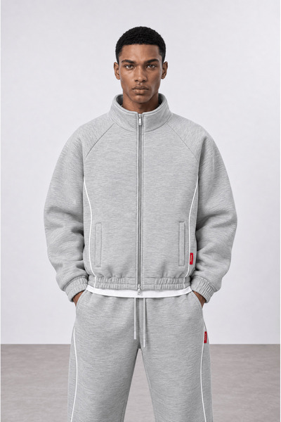 Respire Erkek Biye Detaylı Panda Oversize Zip Gri Melanj