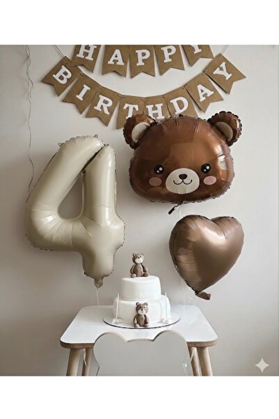Çemrek Süs Parti Retro Cream Beige 4-Year-Old Foil Balloon Kraft Happy Birthd...