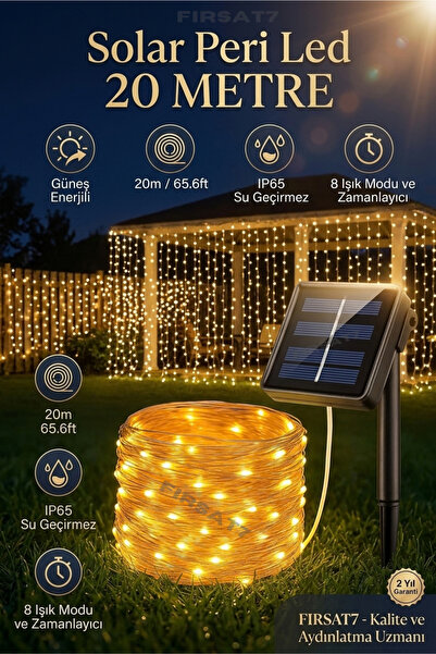 Fırsat7 YENİ Güneş Enerjili Peri Led Işık 20 Metre 200 LED Günışığı 8 Mod Dış Mekan Bahçe Aydınlatma