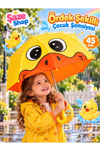 SAZE Şaze Shop Ördek Şekilli Çocuk Şemsiyesi 45 cm Sevimli Desenli Sarı Şemsiye