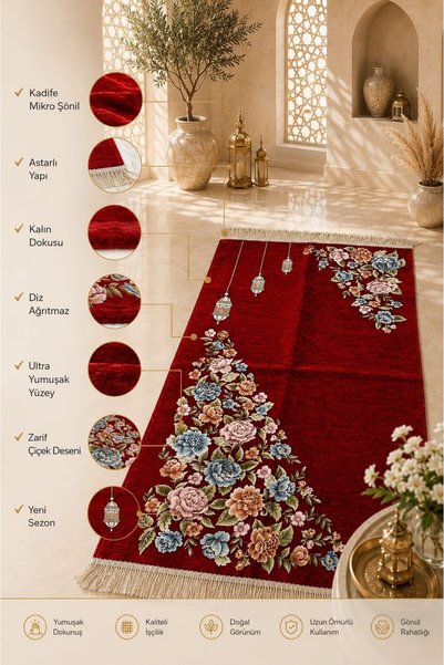 Altınoluk Haremia Micro Chenille Velvet Prayer Rug |   Lined Thick Textured Floral Patterned Prayer Mat