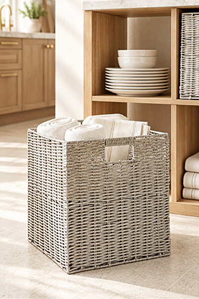 Ocean Home Textile Yıkanabilir Gri PP Rattan Dolap İçi Çamaşır Çocuk Odası Oyuncak Düzenleyici Saklama Sepeti Organizer 33x33x33