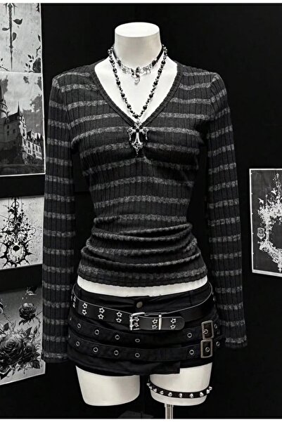 Köstebek V-Neck Gray Black Striped Italian Style Long Sleeve Blouse