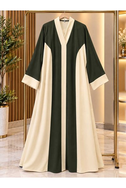 M&O 2 Elegant Olive Green Abaya with a Modern Design That Combines Luxury and Simplicity, Featuring a Loose and Flowy Fit for a Modest and Classy Look.