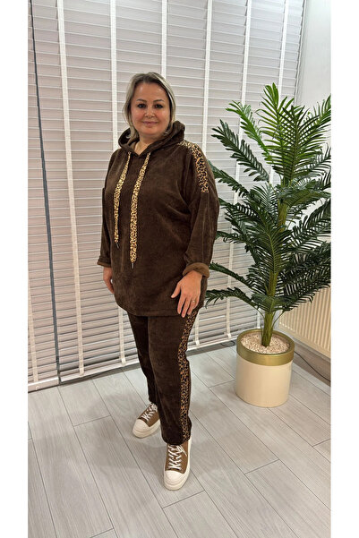 Celile Butik Kadın Büyük Beden İnce Fitilli Kadife Kapüşonlu Rahat Eşofman Ta...