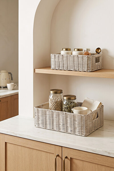 Ocean Home Textile 2'li Yıkanabilir Gri PP Rattan Dolap İçi Çamaşır Çocuk Odası Oyuncak Düzenleyici Saklama Sepeti Organizer 33x23x11/ 39x29x13